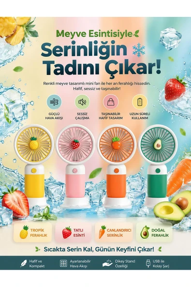 Wolawood Süper El Fanı (3~Kademe) Hemde Masaüstü Telefon Tutucusu, Meyveli USB'li Vantilatör Çantada Taşınabilir, Şarjlı Sessiz Soğutucu Pervane Ultra Güçlü El Fanı ürün görseli 1