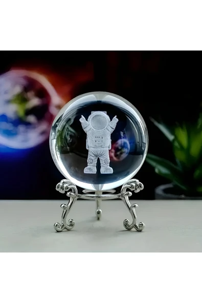 EXENET Kristal Cam Küre 3D Astronot Metal Standlı Kar Küresi Dekoratif Masaüstü Aksesuar Şık Hediyelik Set ürün görseli 1
