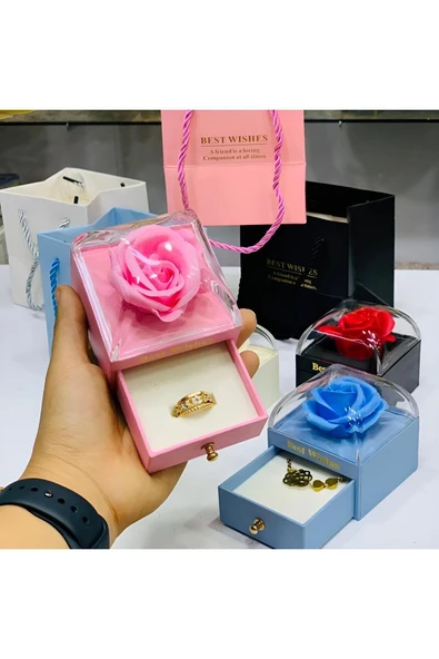 EXENET Luxury Özel Tasarım Gül Temalı Mücevher Yüzük Kolye Takı Kutusu Çantalı Şık Zarif Hediyelik Paket ürün görseli 1
