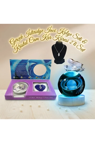 Wolawood Gerçek İnci Kolye & 3D Kristal Cam Küre 2`li Set Şık Romantik Özel Günler İçin Premium Hediyelik ürün görseli 1
