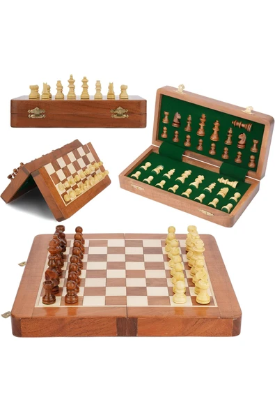 Wolawood Doğal Ahşap Mıknatıslı Satranç Takımı El Yapımı Katlanabilir Kutu Hazneli Özel Premium Set ürün görseli 1
