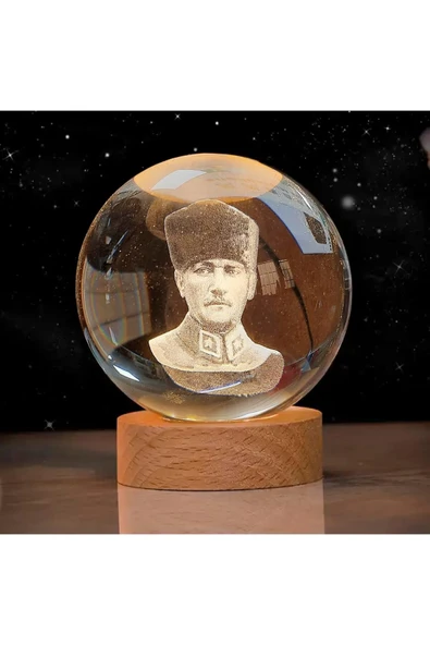Wolawood Gazi Mustafa Kemal Atatürk Temalı 3D Kristal Cam Kar Küresi USB Ahşap Standlı Dekoratif LED Lamba ürün görseli 1
