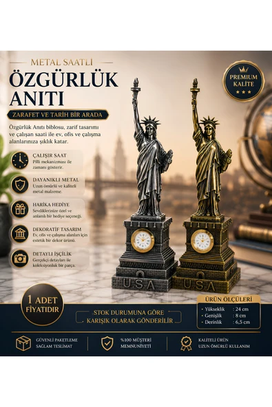 Wolawood Amerikan New York Liberty Statue Özgürlük Heykeli Anıtı & Özel Saatli, Metal Üretim 1•Adet 24~Cm Biblo, Masa Üstü Dekoratif Hediyelik Sınırlı Sayıda ürün görseli 1