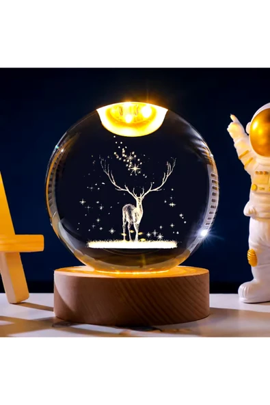 Wolawood Kristal Cam Küre Ren Geyiği Konseptli USB Ahşap Taban Kar Küresi LED Işıklı 3D Lamba Hediyelik Seti ürün görseli 1