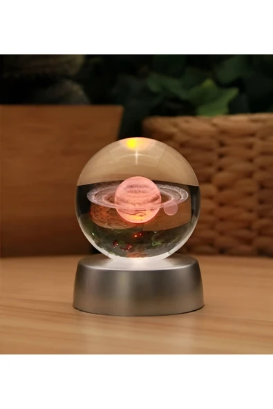 Wolawood Halkalı Satürn Gezegeni Galaksi 3D Kristal Cam Küre – Pilli LED Işıklı Hediyelik Dekor Konsept Lamba ürün görseli 1