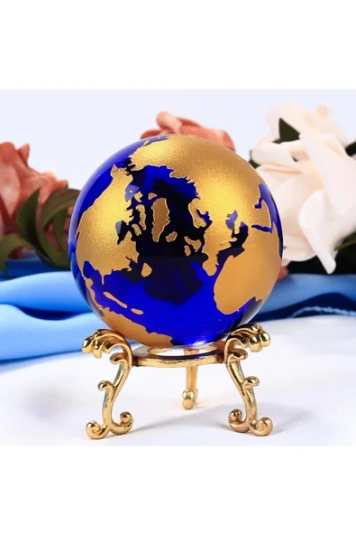 EXENET Özel 1.Sınıf Tamamı Cam Üretim Gold Renk 3D Dünya Haritası İşlemeli VIP Dekoratif Mavi Kristal Küre ürün görseli 1