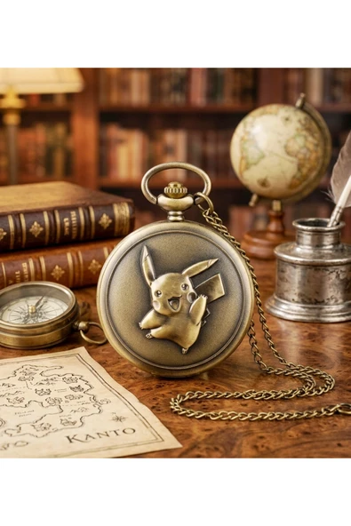 Wolawood Pikachu Kabartmalı Antik Bronz Köstekli Cep Saati Quartz Mekanizmalı Pokémon Temalı Nostaljik Zincirli Saat Özel Kutulu Hediyelik Tasarım ürün görseli 1