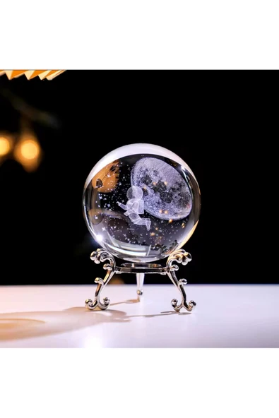 EXENET Kristal Cam Küre Özel Lazer İşleme Dünyaya Sırt Dönen Astronot Standlı Set 3D Sürpriz Hediyelik Eşya ürün görseli 1
