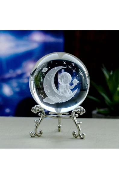 Wolawood Kristal Cam Kar Küresi Metal Standlı Hilal Astronot Adam Temalı Dekoratif Hediyelik Eşya VIP Konsept ürün görseli 1