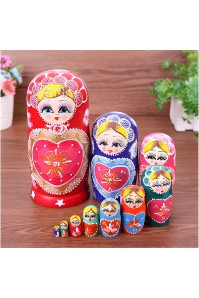 Wolawood Doğal Ahşap Matruşka Bebek El Yapımı El Boyaması Nostaljik Vintage Dekoratif Hediyelik Süs 6'lı Seri ürün görseli 1