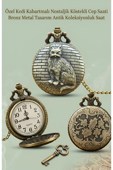 Wolawood Özel Üretim Kedi Kabartmalı Nostaljik Köstekli Cep Saati & Bronz Metal Tasarım Zincirli Antik Saat ürün görseli 1
