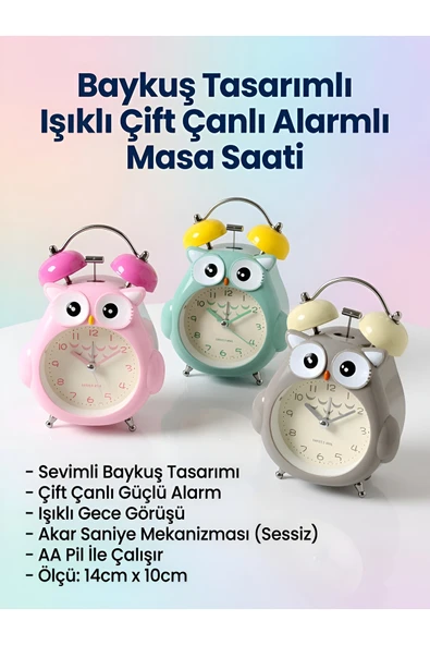 Wolawood Akar Saniye, Mutlu Baykuş Temalı Işıklı, Çift Çanlı, Güçlü Alarmlı Masa Saati Çocuk Odası Komodin Üstü Dekoratif Hediyelik Saat Random Renk 1•Adet ürün görseli 1