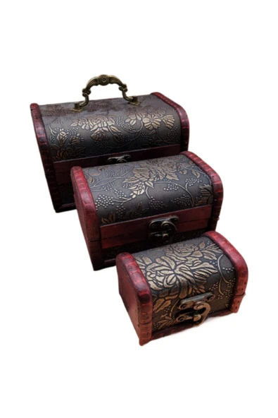 Taşarhome Ahşap Sandık Mücevher Takı Kutusu 3'lü Set Nostalji Anı Hatıra Çeyiz Takımı Özel Yapım Retro Hediye ürün görseli 1