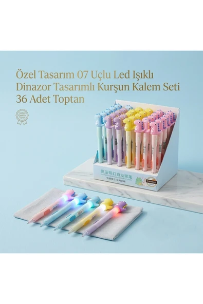 Wolawood Dinazor Tasarımlı 36’lı LED Işıklı 0.7 Uçlu Toptan Kurşun Kalem Seti Renkli Eğlenceli Çocuk Okul Yazı Çizim Kalemi Hediyelik Kırtasiye Seti ürün görseli 1