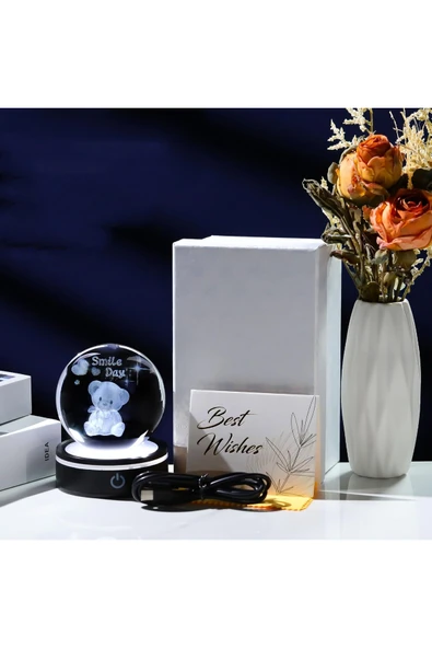 Wolawood Ayıcık Teddy Temalı Kristal Cam Kar Küresi USB’li 3D LED Lamba Işıklı Renkli Dönen Top Hediyelik Set ürün görseli 1