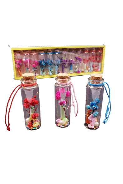 EXENET 12'li Dilek Şişesi Seti - Özel Cam Şişelerde Renkli Çiçekli Mantar Kapaklı Dekoratif Hediyelik Eşya ürün görseli 1