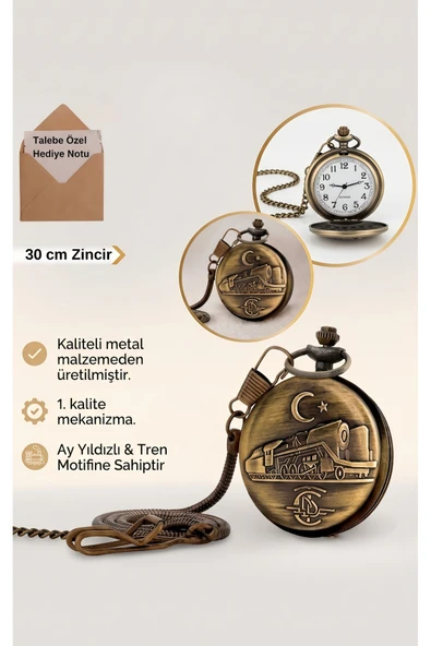Wolawood Ay Yıldız & Tren Lokomotif Motifli Köstekli Cep Saati Nostaljik Antika Tarz Zincirli Hediyelik Saat ürün görseli 1