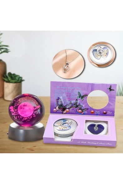 Taşarhome Gerçek İstiridye İnci Kolye Dünyayı Gezen Prenses Kız Işıklı Kristal Cam Küre İkili Premium Vip Set ürün görseli 1