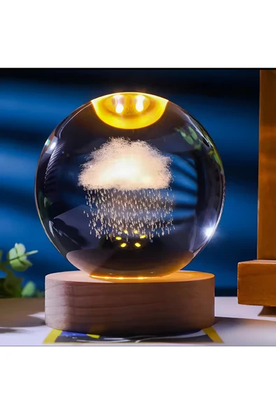 Wolawood Yağmur Bulut Temalı 3D Kristal Cam Kar Küresi USB Kablolu Ahşap Standlı Gün Işığı Konsept LED Lamba ürün görseli 1