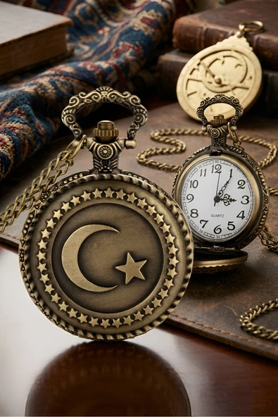 Wolawood Türk Bayraklı Antika Görünümlü Köstekli Cep Saati Nostaljik Ve Anlamlı Hediye Metal Tasarım QUARTZ Mekanizma Ay Yıldız Kabartmalı Vintage Özel Kutulu Hediyelik Saat ürün görseli 1