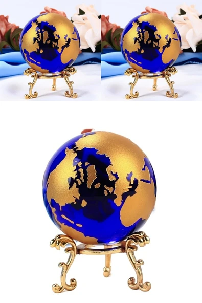 Wolawood Dünya Haritası Temalı Tamamı Cam Üretim Kristal Küre Gold Model Metal Standlı Masaüstü Hediyelik Set ürün görseli 1