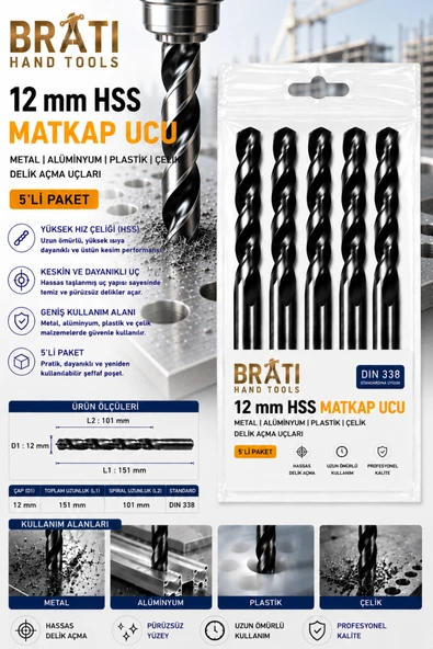 BRATİ HAND TOOLS 12 Mm Hss Matkap Ucu 5'li Paket Metal Alüminyum Ahşap Plastik Çelik Delme Uç Delik Açma Uçları ürün görseli 1