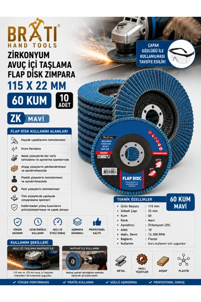 BRATİ HAND TOOLS Zirkonyum Avuç İçi Taşlama Flap Disk Zımpara 115 X 22 Mm 60 Kum ZK Flap (10 ADET) ürün görseli 1