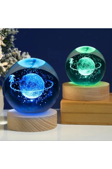 EXENET Kristal Cam Küre 3D Renk Değiştiren USB Ahşap Tabanlı Dekoratif Hediyelik Eşya ürün görseli 1