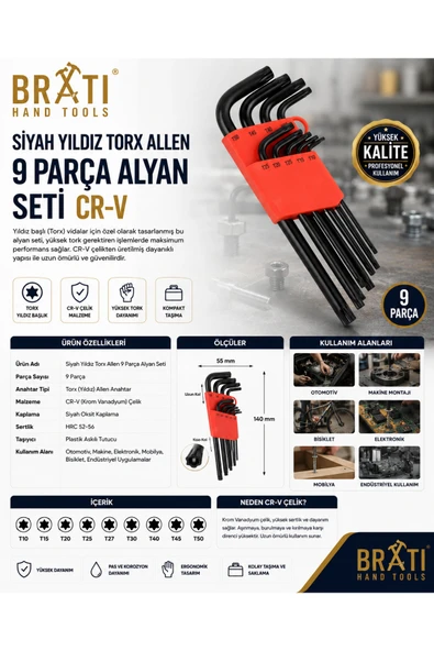 BRATİ HAND TOOLS Siyah Yıldız Torx Allen 9 Parça Alyan Seti CR-V ürün görseli 1