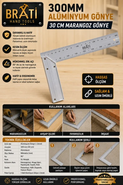 BRATİ HAND TOOLS 300Mm Alüminyum Gönye 30 Cm Marangoz Gönye ürün görseli 1