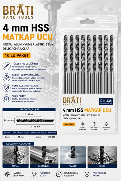 BRATİ HAND TOOLS 4 Mm Hss Matkap Ucu 10'lu Paket Metal Alüminyum Çelik Delme Uç Delik Açma Uçları ürün görseli 1