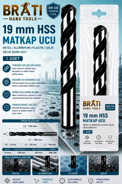 BRATİ HAND TOOLS 19 Mm Hss Matkap Ucu 1 Ad Paket Metal Alüminyum Ahşap Plastik Delme Uç Delik Açma Uçları ürün görseli 1