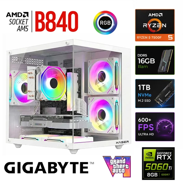 Xaser Apex x60 Ryzen 5 7500F/8GB RTX5060 Ti/1TB M.2 NVMe SSD/16GB DDR5 Beyaz-Gaming Oem Oyuncu Paket ürün görseli 1