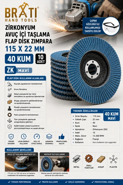 BRATİ HAND TOOLS Zirkonyum Avuç İçi Taşlama Flap Disk Zımpara 115 X 22 Mm 40 Kum ZK (10 ADET) ürün görseli 1