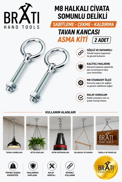 BRATİ HAND TOOLS M8 Halkalı Metal Civata Somunlu Delikli Sabitleme Çekme Kaldırma Tavan Kancası Asma Kiti 2 Adet ürün görseli 1