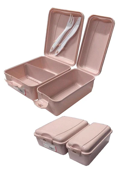 Beslenme Kutusu 2 Bölmeli Açık Pembe Renk 1 Adet Yemek Saklama Kabı Beslenme Çantası 17x22 cm ürün görseli 1