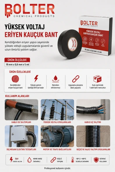BOLTER CHEMİCAL PRODUCTS Yüksek Voltaj Eriyen Kauçuk Bant 19mm x 5 Mt Eriyen Bant ürün görseli 1