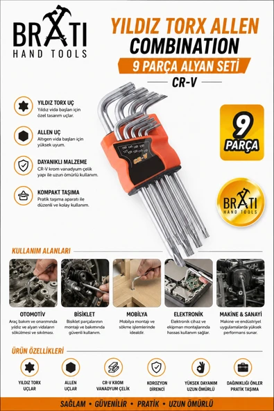 BRATİ HAND TOOLS Yıldız Torx Allen Combination 9 Parça Alyan Seti CR-V ürün görseli 1