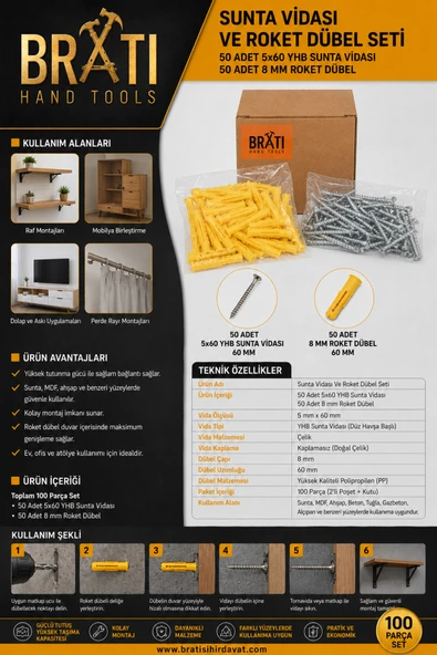 BRATİ HAND TOOLS Sunta Vidası Ve Roket Dübel Seti 50 Adet 5x60 Yhb Sunta Vidası Ve 50 Adet 8 Mm Roket Dübel ürün görseli 1