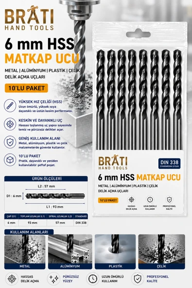 BRATİ HAND TOOLS 6 Mm Matkap Ucu 10'lu Paket Metal Alüminyum Ahşap Plastik Delik Açma Ucu ürün görseli 1