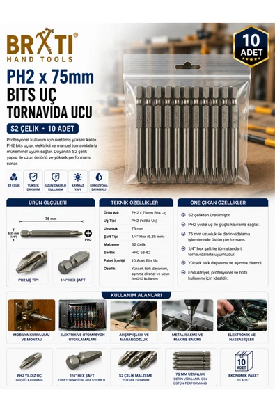 BRATİ HAND TOOLS Ph2x75mm Bits Uç Tornavida Ucu S2 Çelik 10 Adet ürün görseli 1