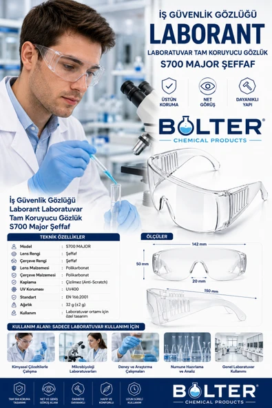 BOLTER CHEMİCAL PRODUCTS İş Güvenlik Gözlüğü Laborant Laboratuvar Tam Koruyucu Gözlük S700 Major Şeffaf ürün görseli 1