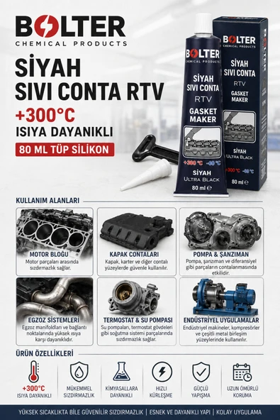 BOLTER CHEMİCAL PRODUCTS Siyah Sıvı Conta RTV +300°C Isıya Dayanıklı 80 ML Tüp Silikon ürün görseli 1