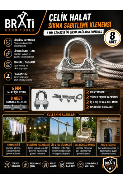 BRATİ HAND TOOLS Çelik Halat Sıkma Sabitleme Klemensi 6 mm Çamaşır İpi Sıkma Bağlama Somunlu 8 Adet ürün görseli 1