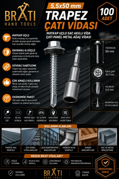 BRATİ HAND TOOLS 5,5X50 Çatı Vidası Trapez Sac Vidası Çatı Panel Metal Vida 100 Adet Trapez Çatı Vidası M8 Adaptörlü ürün görseli 1