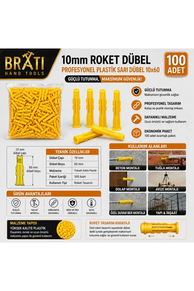 BRATİ HAND TOOLS 10mm Roket Dübel Profesyonel 10mm Plastik Sarı Dübel 10*60 (100 ADET) ürün görseli 1