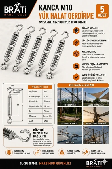 BRATİ HAND TOOLS Kanca M10 Yük Halat Gerdirme Galvanizli Çektirme Yük Gergi Demiri 5 Adet ürün görseli 1