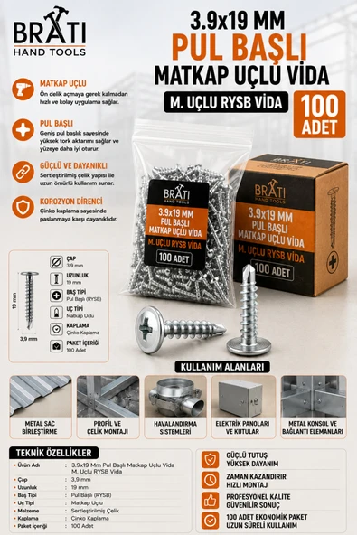 BRATİ HAND TOOLS 3,9x19 RYSB Pul Başlı Matkap Uçlu Vida 100'lü ürün görseli 1