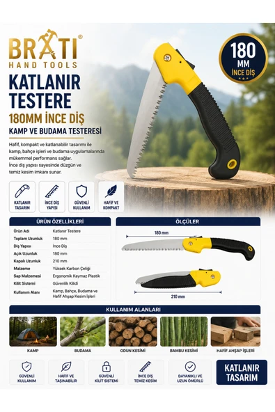 BRATİ HAND TOOLS Katlanır Testere 180 mm İnce Diş Kamp Ve Budama Testeresi ürün görseli 1