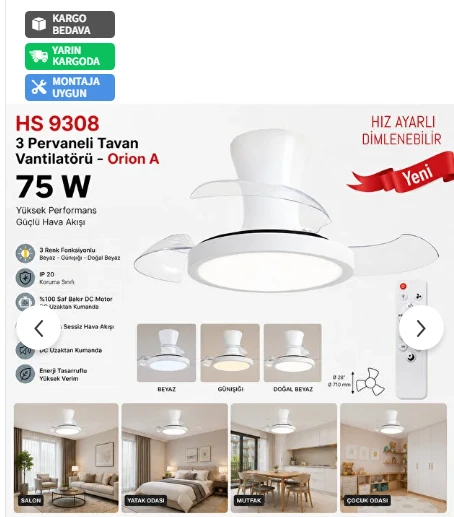 HS9314 Helios Opto 75 W 3 PERVANELİ TAVAN VANTİLATÖRÜ (GİZLİ PERVANE) ürün görseli 1